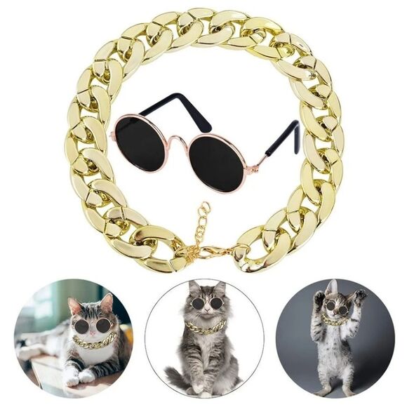 📷🔹️🐈‍⬛Gold Time Chain & Sunglasses Cat/Dog Set - Picture 2 of 9